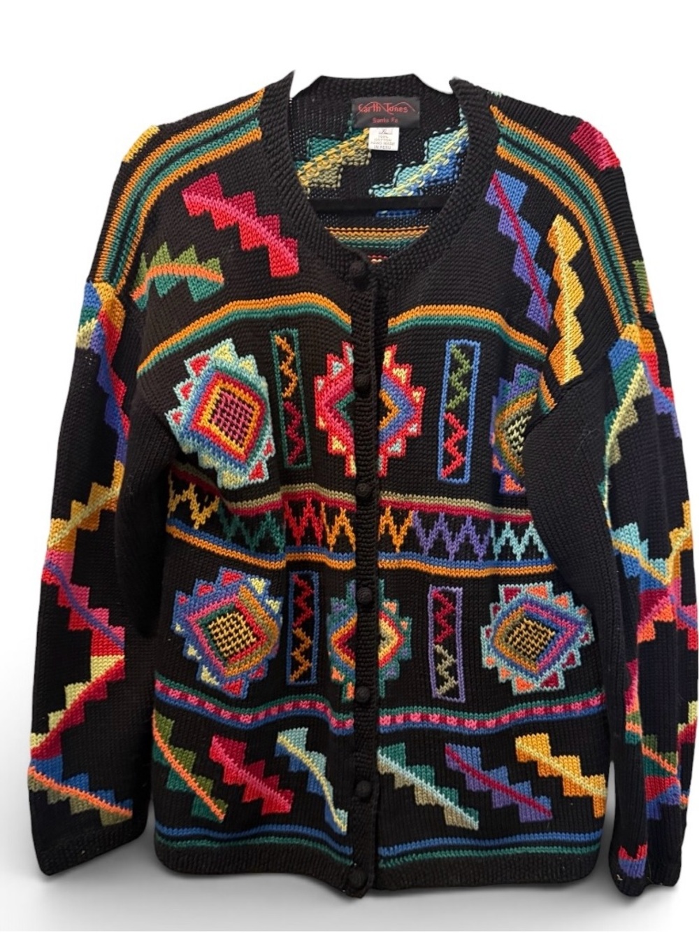 Earth Tones Santa Fe Hand Knit Black with Multicolor Geometric Cardigan size XL